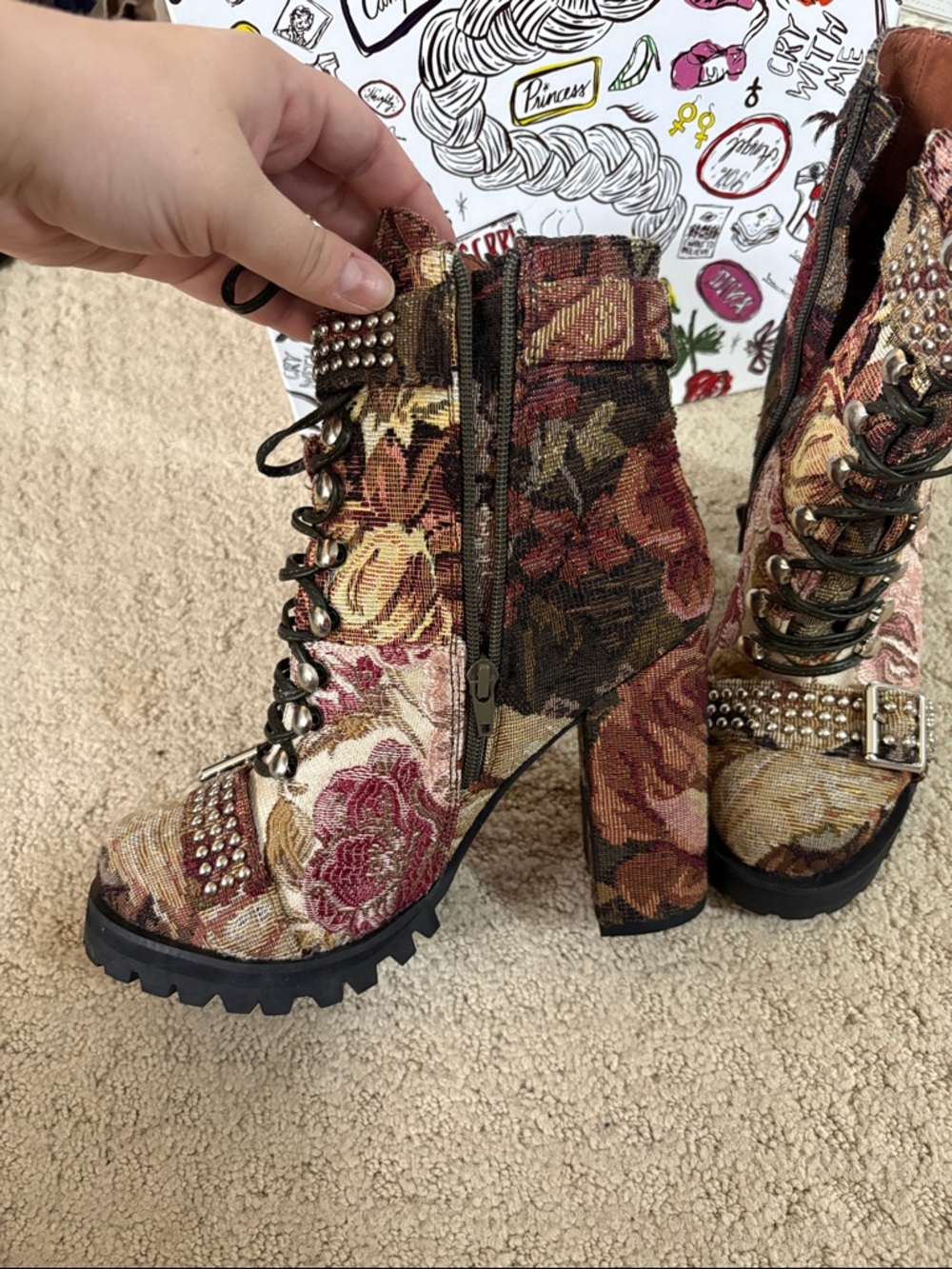 Jeffrey Campbell Floral Tapestry Combat Boots - Pink, Brown & Gold - Picture 3 of 7